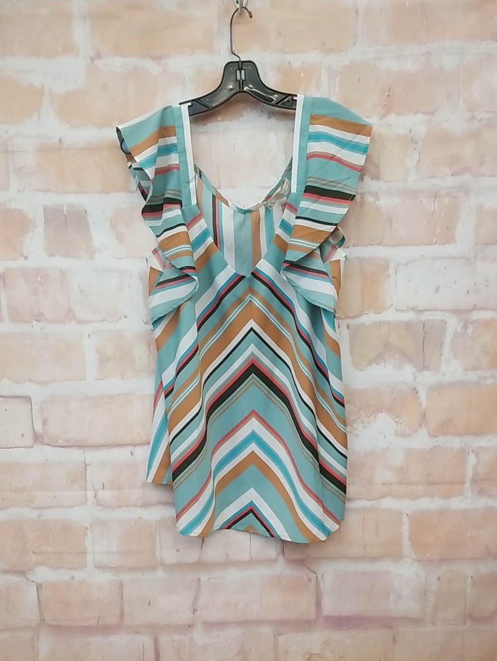 Weekend Striped Ruffle Sleeve V-Neck Top in Teal and Tan